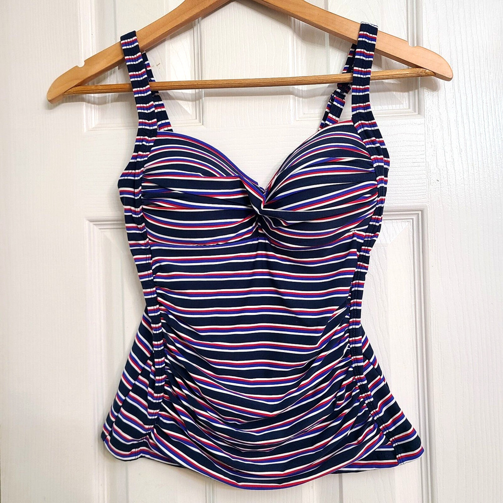 Niptuck Swim Womens Tankini Swimsuit Top Navy Red Stripe Multi Fit Cup Size 6